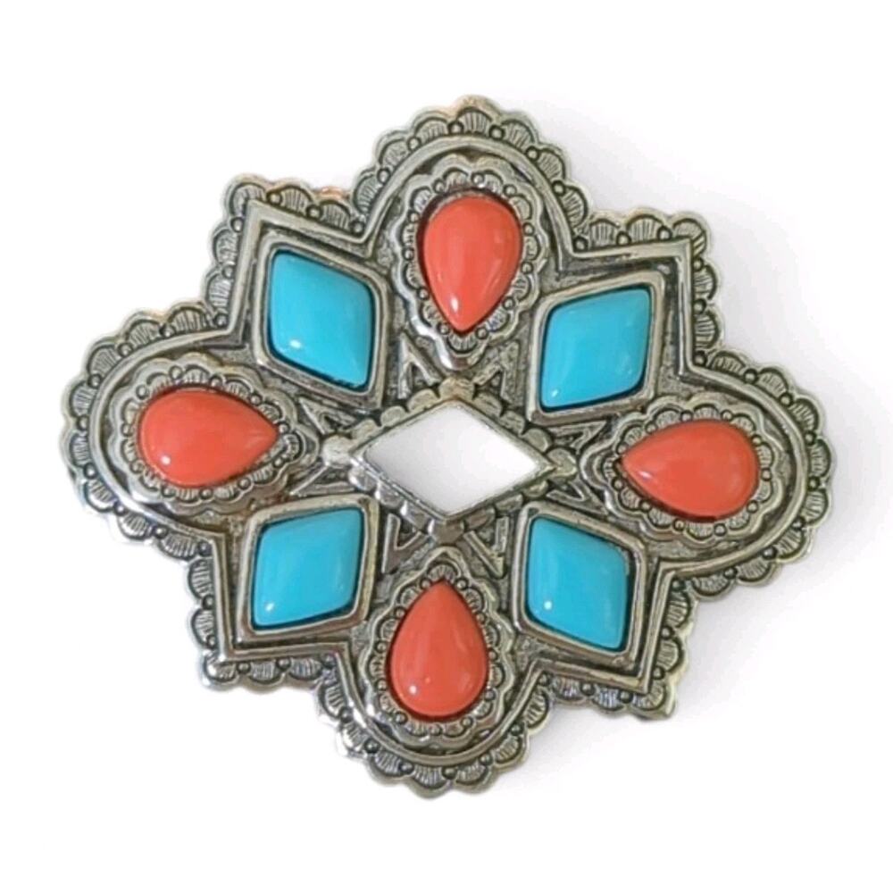 Vintage Silver Tone Brooch Pin Pendant Faux Turquoise & Coral Stone 2"